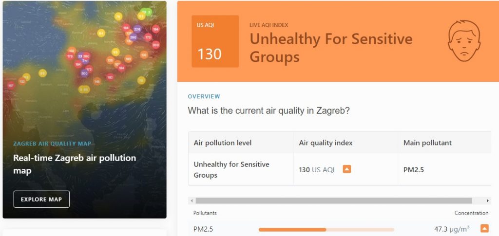 Zagađenost zraka u Zagrebu 15.01.2021.